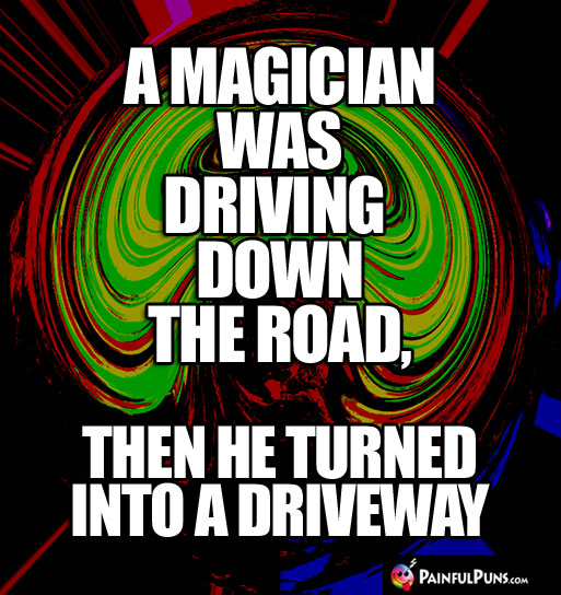 A magician was driving down the road, then he turned into a driveway.