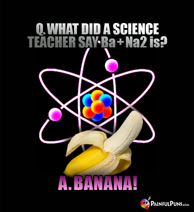 Fruity Chemistry Joke: What did a science teacher say Ba + Na2 is? A. Banana!