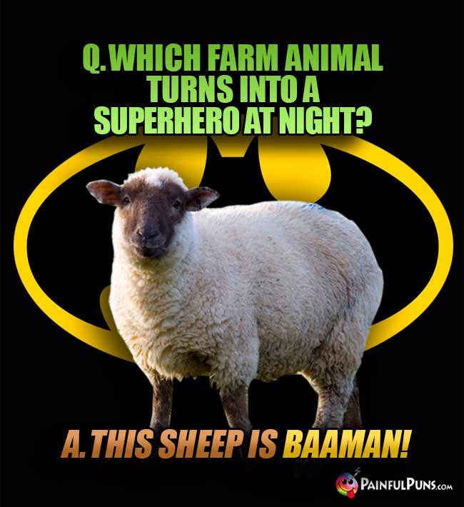 Q. Which farm animal turns into a superhero at night? A. This sheep is Baaman!