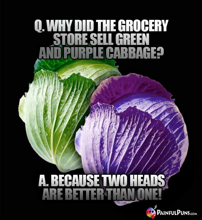 Q. Why did the grocery store sell green and purple cabbage? A. Because two heads are better than one!
