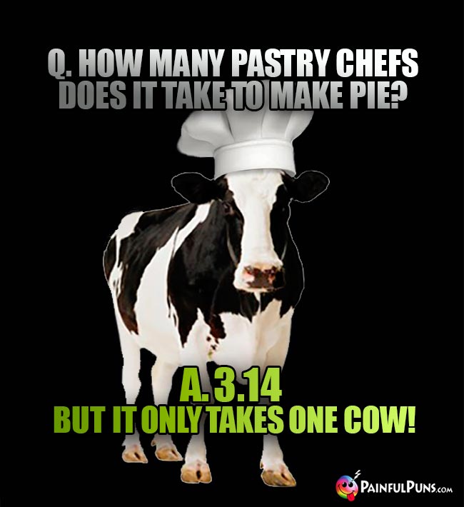 Q. How many pastry chefs does it take to make pie? A. 3.14, but it only takes one cow!