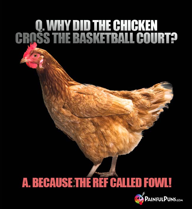Q. why did the chicken cross the basketball court? a. because the ref called fowl!