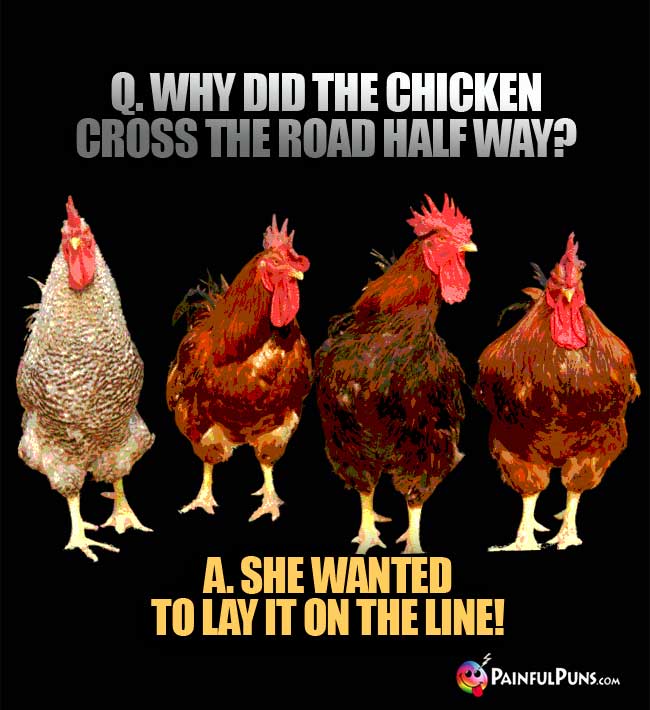 Q. Why did the chicken cross the road half way? A. She wanted to lay it on the line!