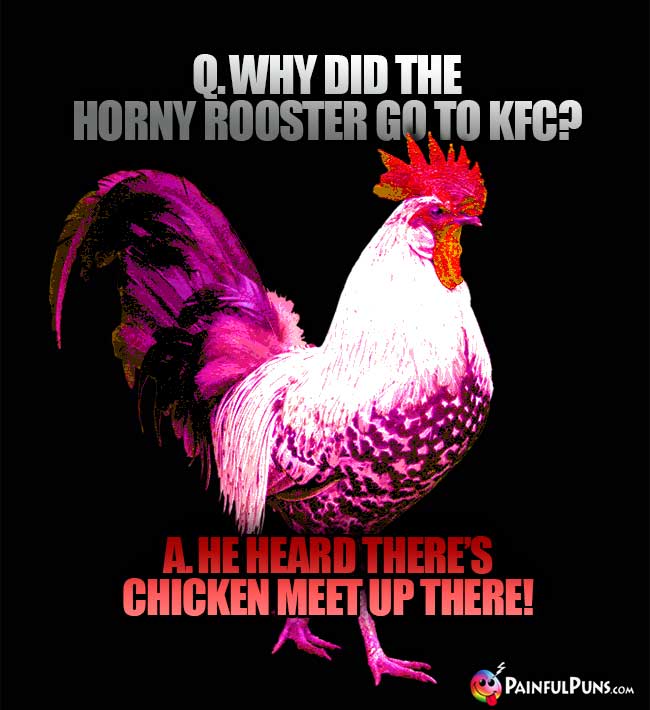 Q. Why did the horny rooster go to KFC? A. He heard there's chicken meet up there!
