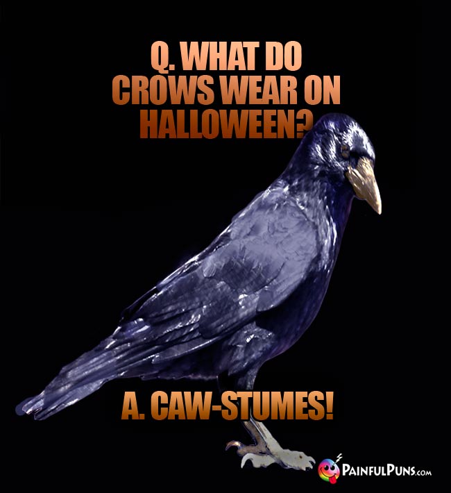 Q. What do crows wear on Halloween? A. Caw-stumes!