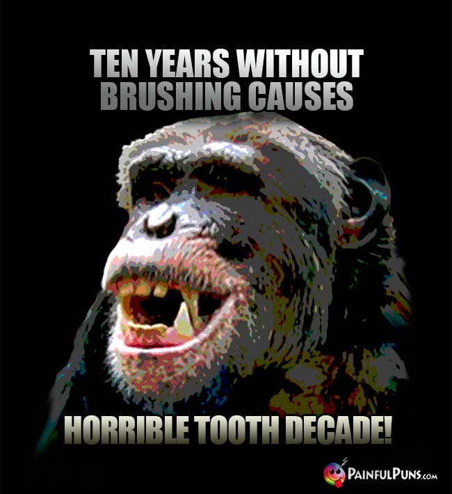 Chimp says: Ten years without brushing causes horrible tooth decade!