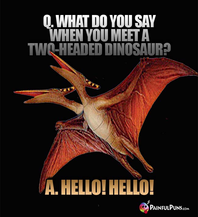 q. What do you say when you meet a two-headed dinosaur? A Hello! Hello!
