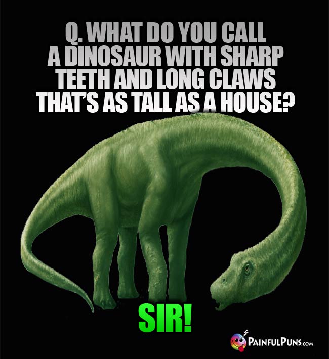 Q. What do you call a dinosaur with sharp teeth and long claws that's as tall as a house? A. Sir!