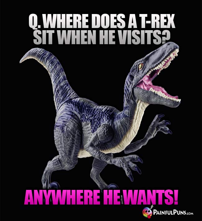 Q Where does a T-Rex sit when he visits? A. Anywhere he wants!
