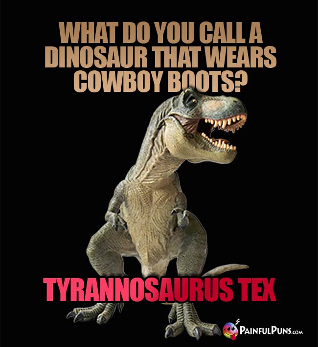 Q. What do you call a dinosaur that wears cowboy boots? A. tyrannosaurus Tex.