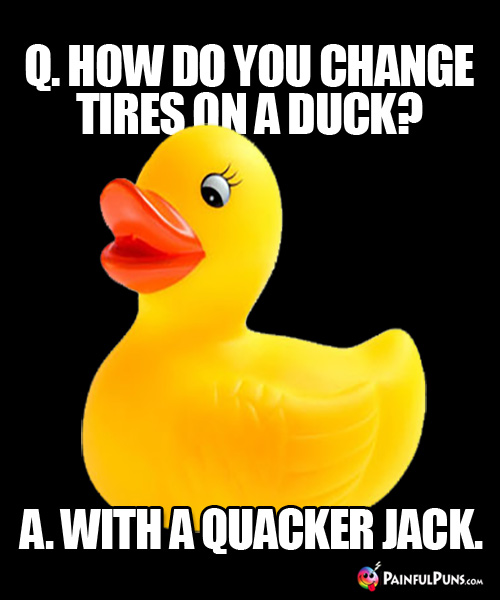 Q. How do you change tires on a duck? A. With a Quacker Jack.