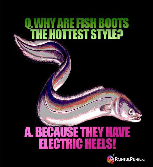 Q. Why are fish boots the hottest style? A. because they have electric heels!
