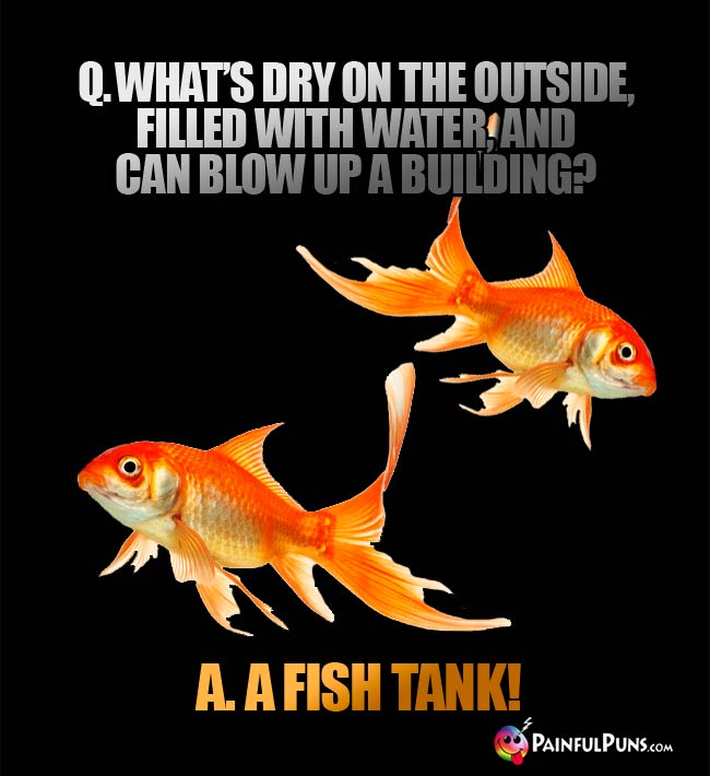Q. What's dry on the outside, filled with water, and can blow up a building? a. A fish tank!