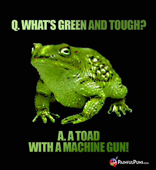 Q. What's green and tough? A. A toad with a machine gun!