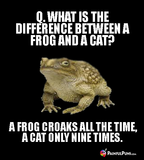 Q. What is the difference between a frog and a cat? A frog croaks all the time, a cat only nine times. 