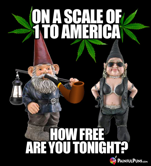 Pot Smoking Gnome Pick-Up Line: On a scale of 1 to America, how free are you tonight?