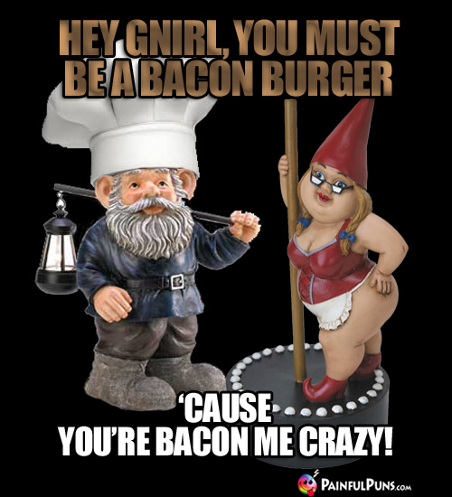 Food Pick-Up Joke: Hey Gnirl, you must be a bacon burger 'cause you're bacon me crazy!