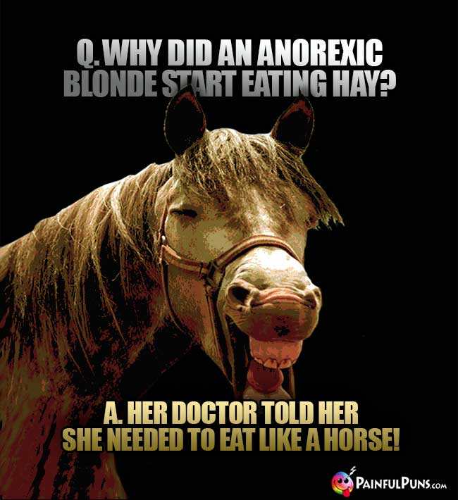 Q. Why did the anorexic blonde start eating hay? A. Her doctor told her she needed to eat like a horse!