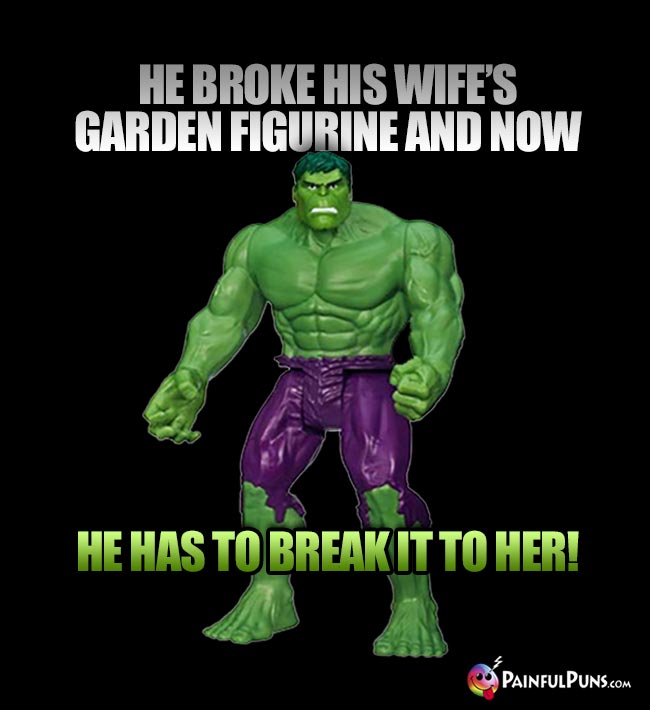 Hulks Says: He broe his wife's garden figurine and now he has to break it to her!
