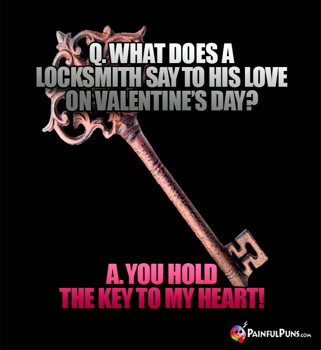 Q. What does a locksmith say to his love on Valentine's Day? A. You hold the key to my heart!