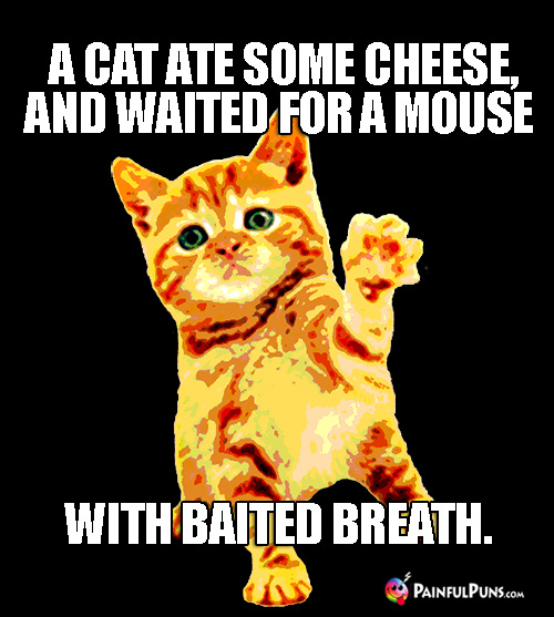 A cat ate some cheese and waited for a mouse, with baited breath.