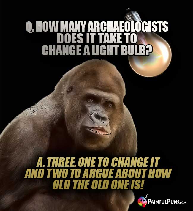 Q. How many archaeologists does it take to change a light bulb? A. Three. One to change it and two to argue about how old the old one is!