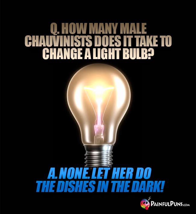 Q. How many male chauvinists does it take to change a light bulb? A. None. Let her do the dishes in teh dark!