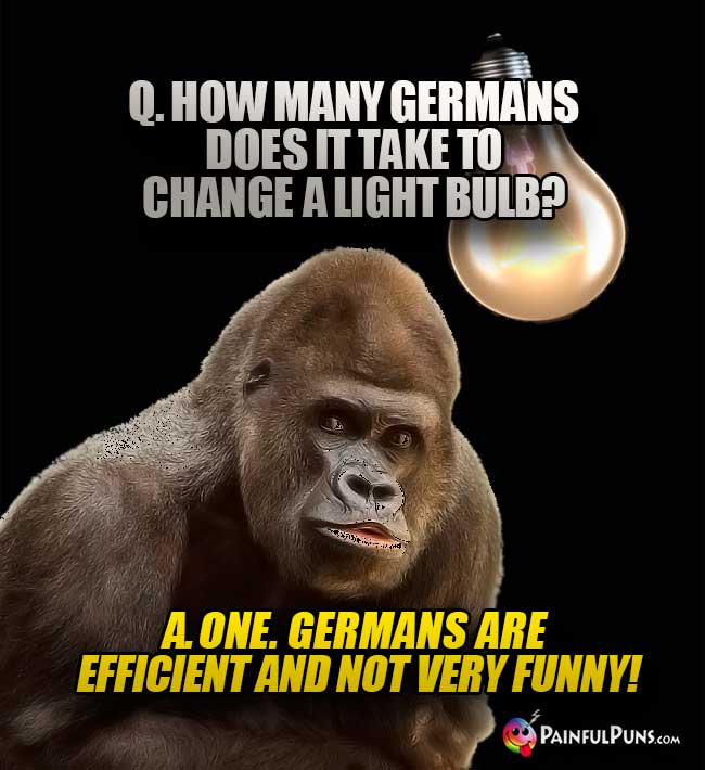 Q. How man Germans does it take to change a light bulb? A. One. Germans are efficient and not very funny!