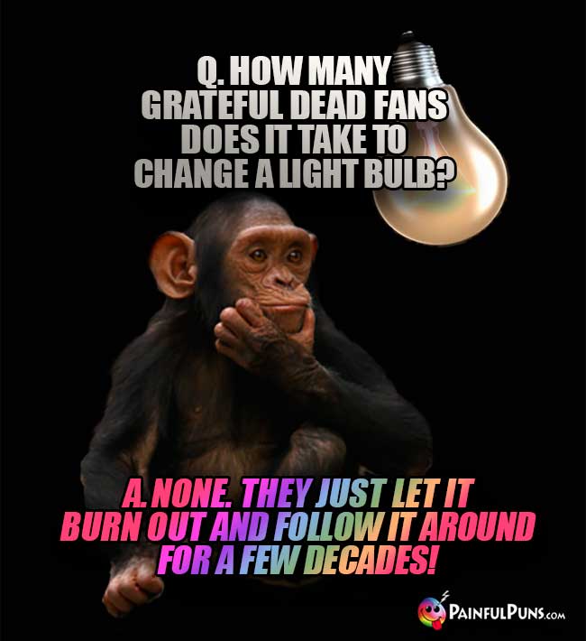 Q. How many Grateful Dead fans does it take to change a light bulb? A. None. they just let it burn out and follow it around for a few decades!