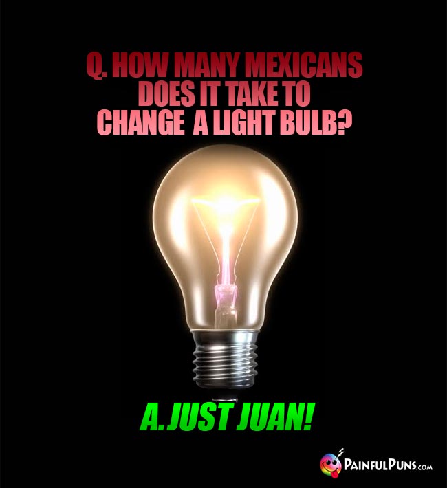 Q. How many Mexicans does it take to change a light bulb? A. Just Juan!