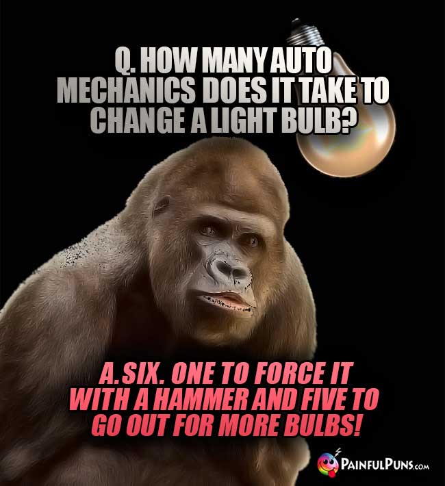 Q. How many auto mechanics does it tke to change a light bulb? A. Six. One to force it with a hammer and fie to go out for more bulbs!