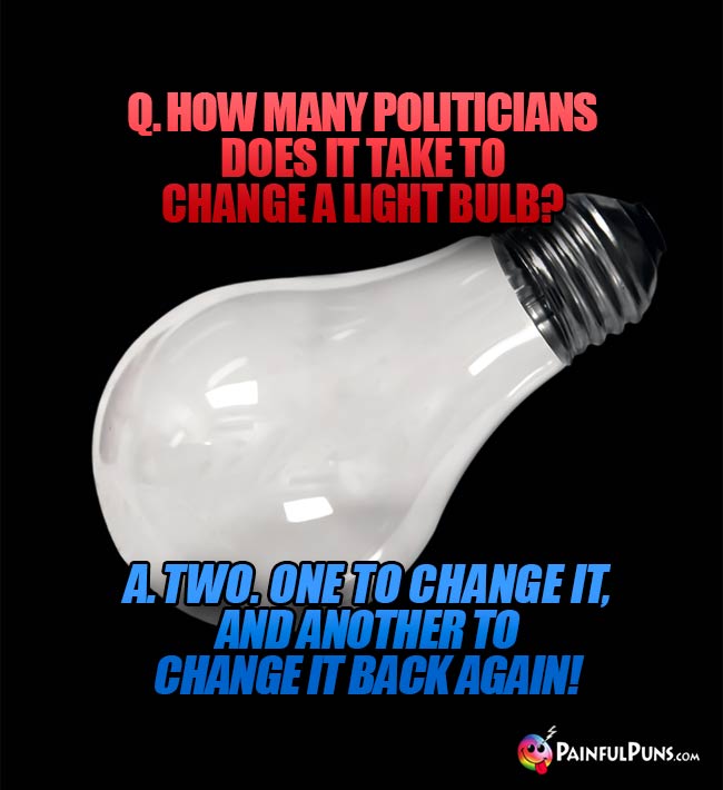 Q. How many politicians does it take to change a light bulb? A. Two. One to change it, and another to change it back again!
