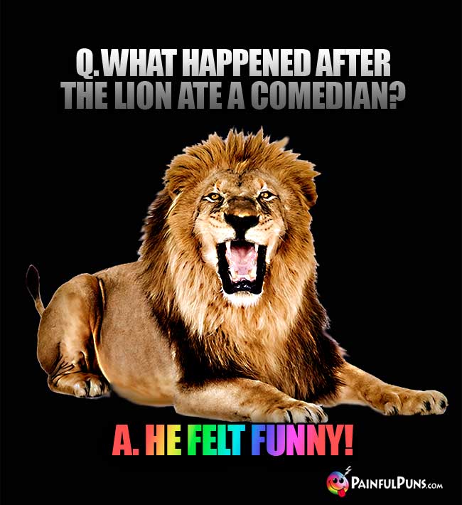 Q. What happened after the lion ate a comedian? a. He felt funny!