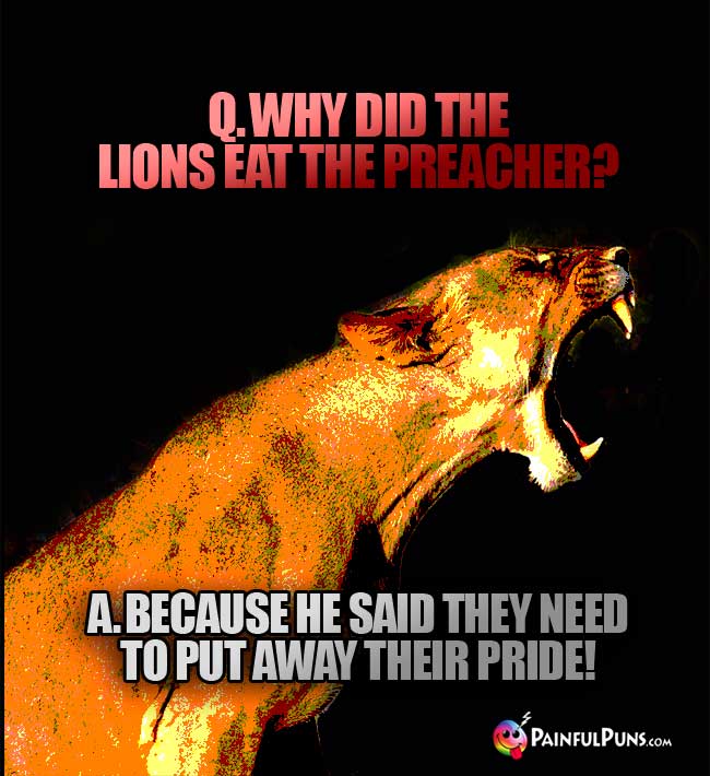 Q. Why did the lions eat the preacher? A. because he said they need to put away their pride!