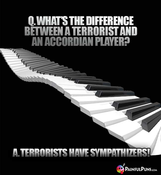 Q. What's the difference between a terrorist and an accordian player? A. Terrorists have sympathizers!