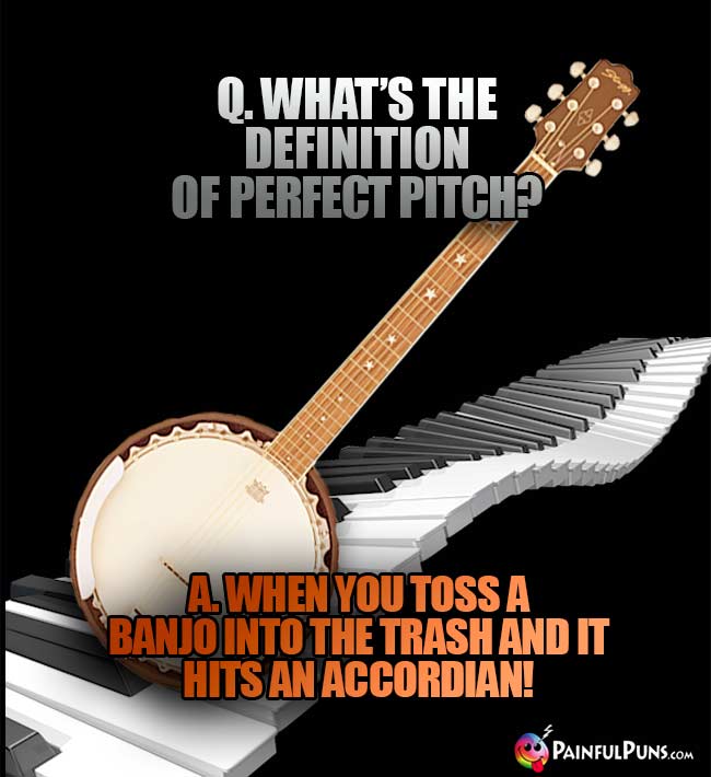 Q. What's the definition of perfect pitch? A. When you toss a banjo into the trash and it hits an accordian!
