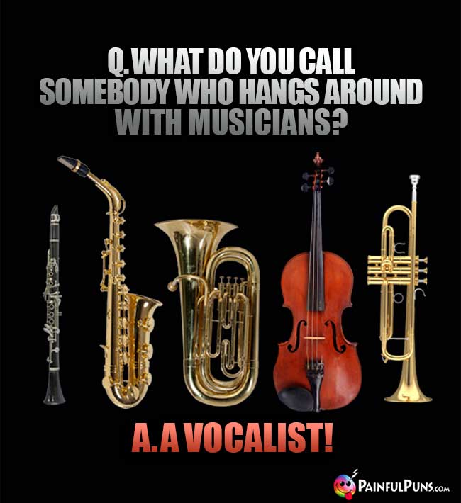 Q. What do you call somebody who hangs around with musicians? A. A Vocalist!