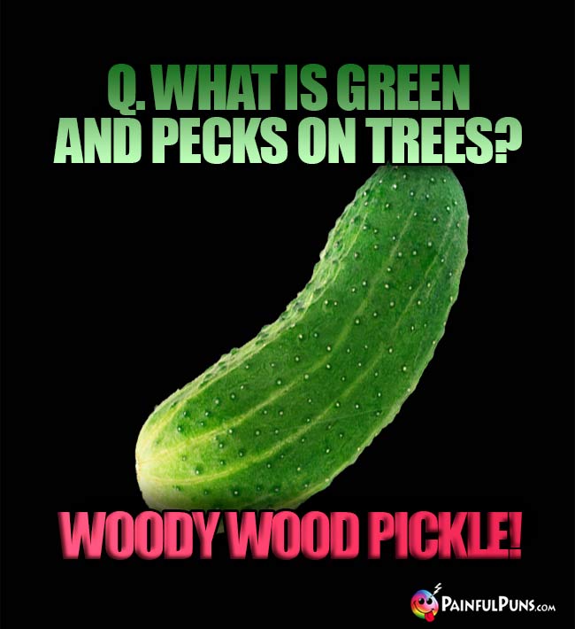 Q. What is green and pecks on tree? Woody Wood Pickle!