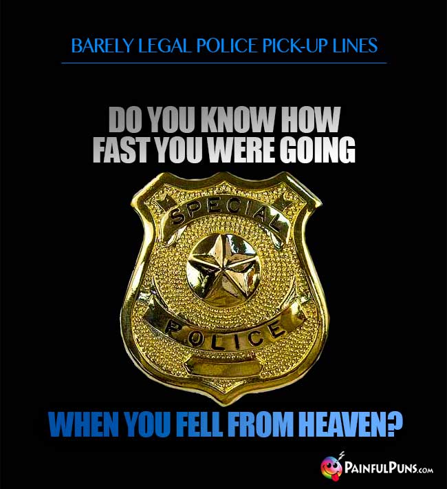 Barely legal police pick-up line: Do you know how fast you were going when you fell from heaven?