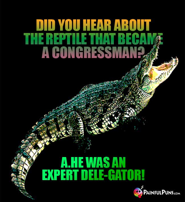 Q. Did you hear about the reptile that became a congressman? A. He was an expert dele-gator!