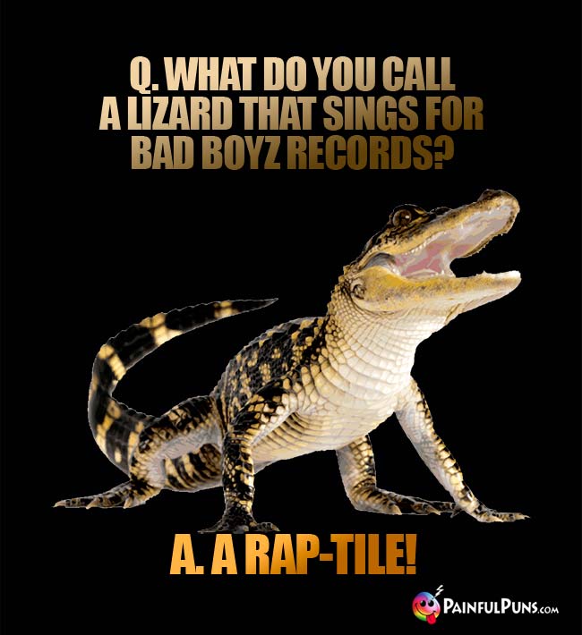 Q. What do you call a lizard that sings for Bad Boyz Records? A. A rap-tile!