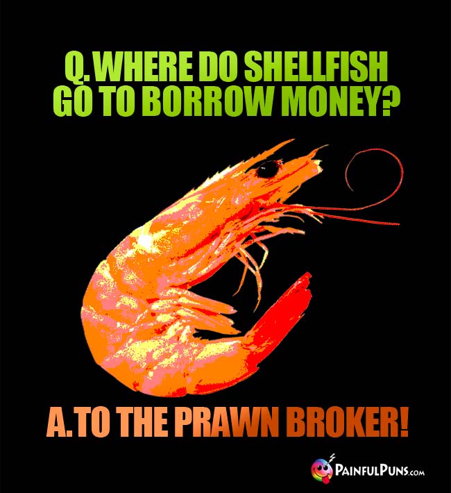 Q. Where do shellfish go to borrow money? A. To the prawn broker!