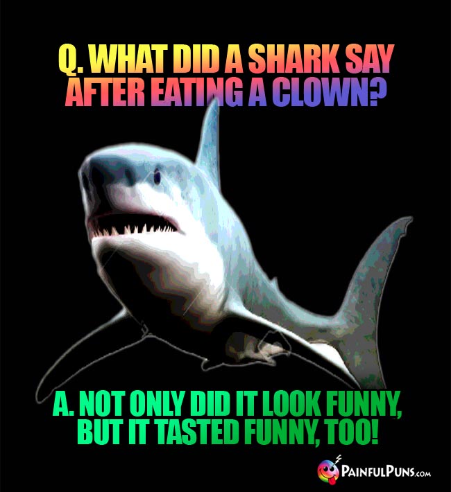 Q. What did a shark say after eating a clown? a  Not only did it look funny, but it tasted funny, too!