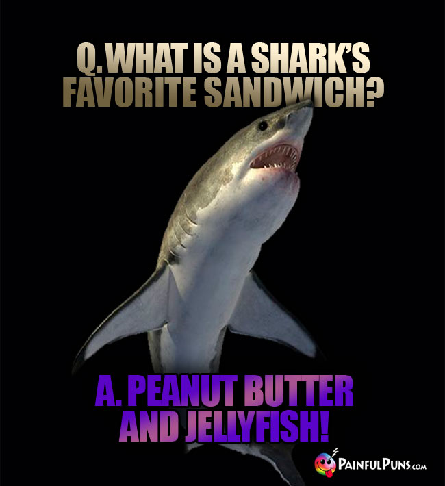 Q. What is a shark's favorite sandwich? A. Peanut  butter and jellyfish!