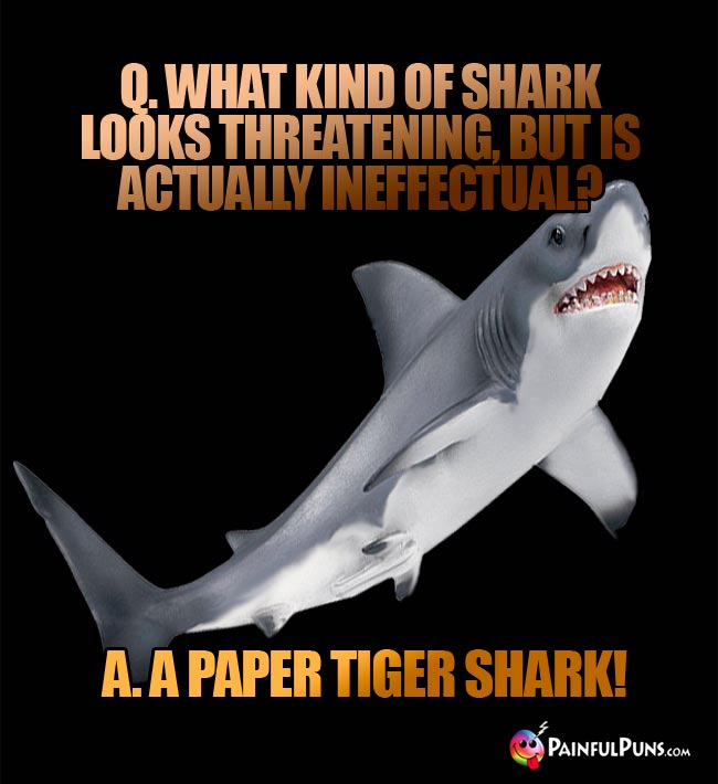 Q. What kind of shark looks threatening, but is actually ineffectual? A. A paper tiger shark!