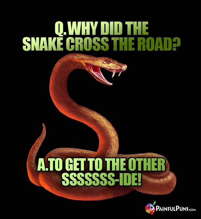 Q. Why did the snake cross the road? A. To get to the other sssssss-ide!