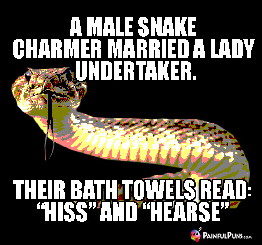 A male snake charmer married a lady undertaker. Their bath towels read: "Hiss" and "Hearse"