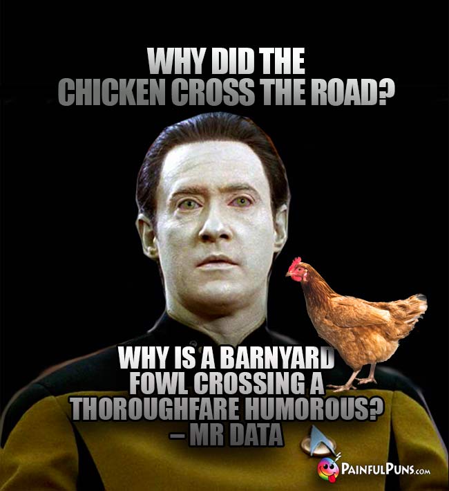 Why did the chicken cross the road? Why is a barnyard fowl crossing a thoroughfare humorous? – Mr. Data