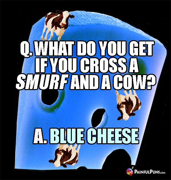 Q. What do you get if you cross a smurf and a cow? A. Blue Cheese