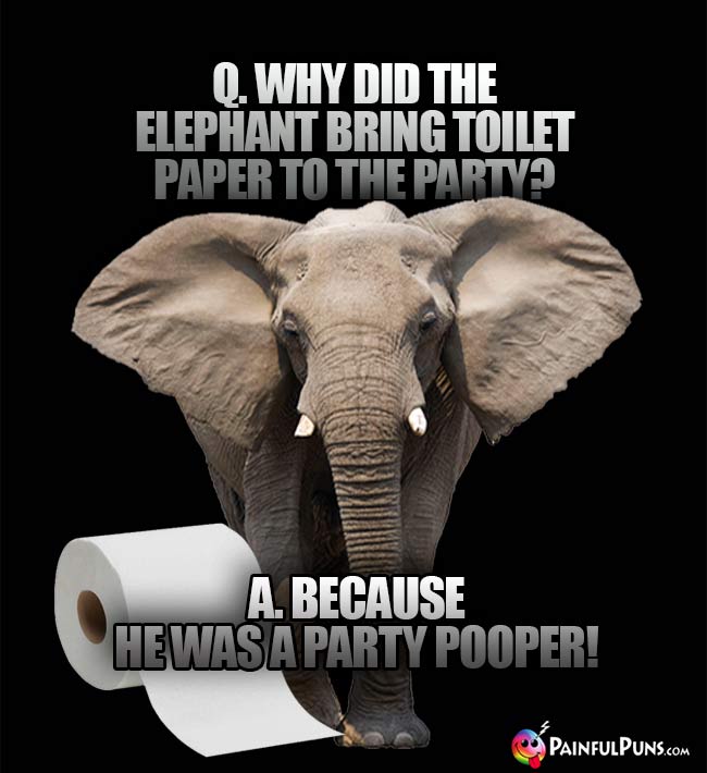 Q. Why did the elephant bring toilet paper to the party? A. Because he was a party pooper!